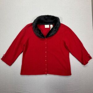 First Issue Cardigan Sweater Women XL Good Red Faux Fur Collar Bow Cuff